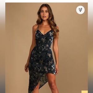 Lulus Evenings with You Dark Teal Floral Velvet Asymmetrical Dress
